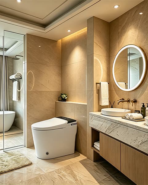 Residential bathroom space with smart toilet and marble finishes