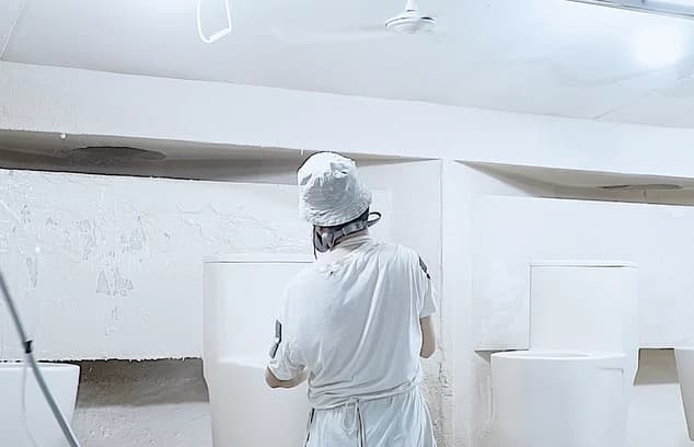 工人在为智能马桶陶瓷坯体喷釉。